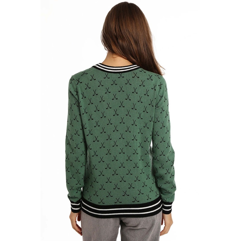 Minnie Rose Tennis Club Print Cardigan Sweater  Golf Green Cotton Cashmere S - Picture 3 of 15